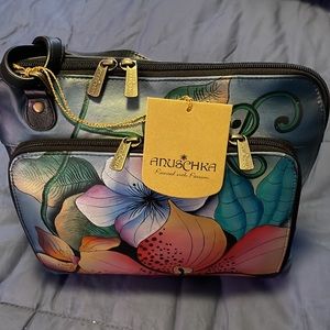 Anuschka Crossbody, Leather, Zippers on Top/Front - measures 10 L X 9 H, 2-3 W